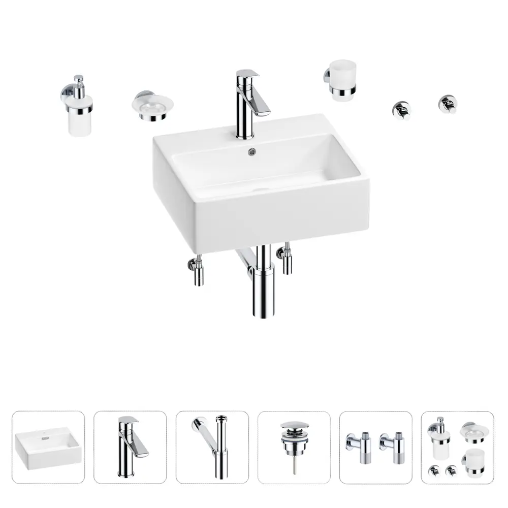 Фото Раковина для ванной Wellsee Graceful Pro 201006651 в наборе 9 в 1: раковина белая глянцевая, смеситель, донный клапан Фото Раковина для ванной Wellsee Graceful Pro 201006651 в наборе 9 в 1: раковина белая глянцевая, смеситель, донный клапан