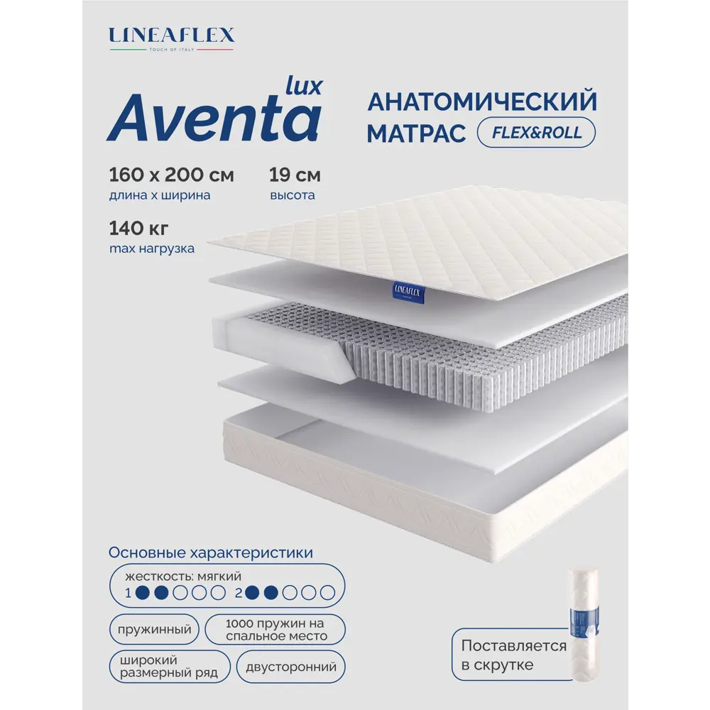 Фото Матрас Lineaflex Aventa Lux 160x200x19 см независимый пружинный блок, двуспальный Фото Матрас Lineaflex Aventa Lux 160x200x19 см независимый пружинный блок, двуспальный