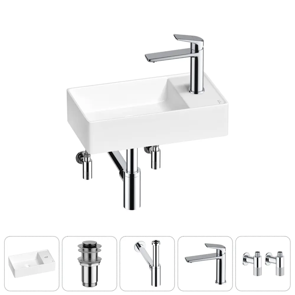Фото Раковина мини Wellsee WC Area 41см с донный клапаном сифоном смесителем и вентилем 20213622R Фото Раковина мини Wellsee WC Area 41см с донный клапаном сифоном смесителем и вентилем 20213622R
