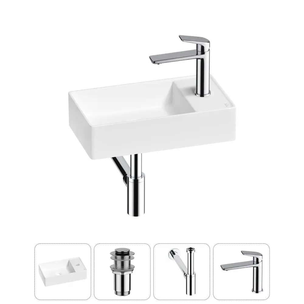 Фото Раковина мини Wellsee WC Area 41см с донный клапаном сифоном и смесителем 20213634R