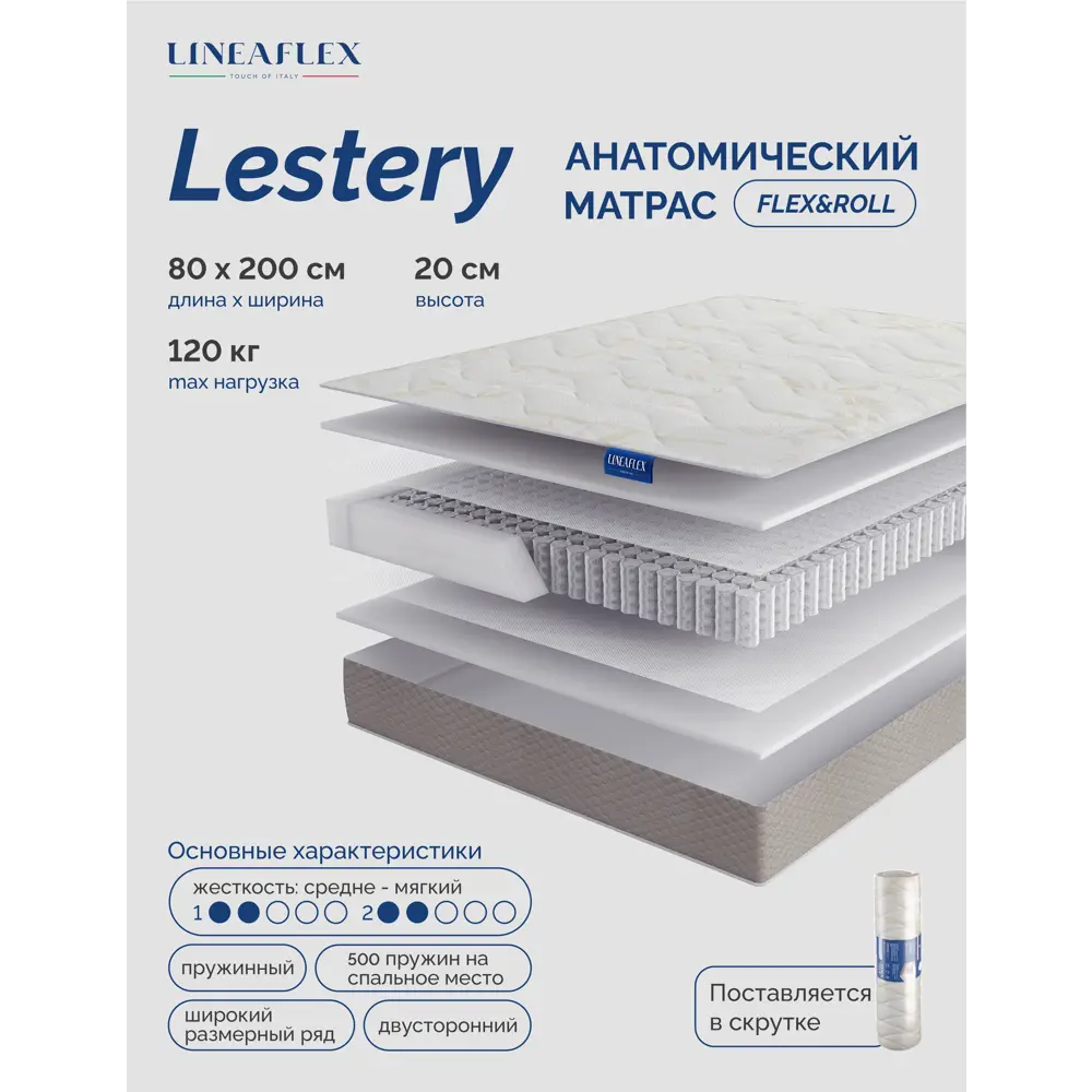 Фото Матрас Lineaflex Lestery 80x200x20 см независимый пружинный блок, односпальный Фото Матрас Lineaflex Lestery 80x200x20 см независимый пружинный блок, односпальный