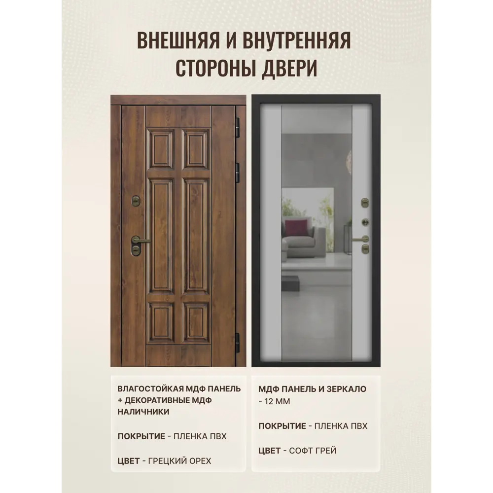Фото 2 Дверь входная Дверипро Термо правый 205x96см цвет софт грей/грецкий орех с зеркалом Фото 2 Дверь входная Дверипро Термо правый 205x96см цвет софт грей/грецкий орех с зеркалом
