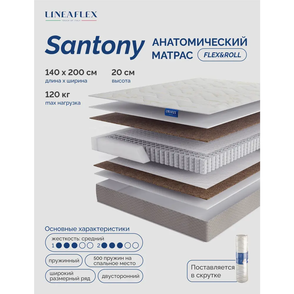 Фото Матрас Lineaflex Santony 140x200x20 см независимый пружинный блок, двуспальный Фото Матрас Lineaflex Santony 140x200x20 см независимый пружинный блок, двуспальный