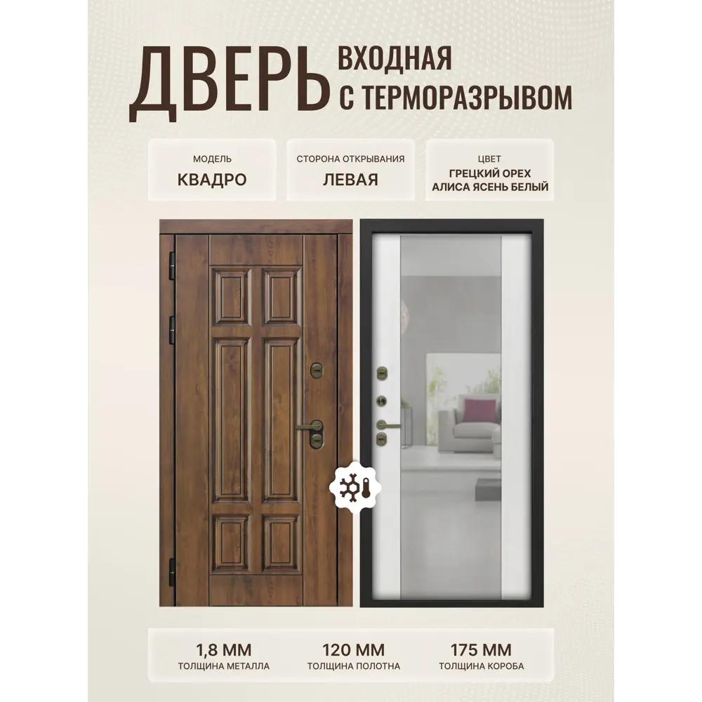 Фото Дверь входная Дверипро Термо левый 205x86см цвет ясень белый/грецкий орех с зеркалом Фото Дверь входная Дверипро Термо левый 205x86см цвет ясень белый/грецкий орех с зеркалом