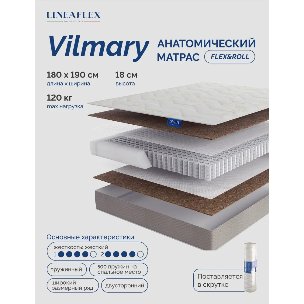 Фото Матрас Lineaflex Vilmary 180x190x18 см независимый пружинный блок, двуспальный Фото Матрас Lineaflex Vilmary 180x190x18 см независимый пружинный блок, двуспальный