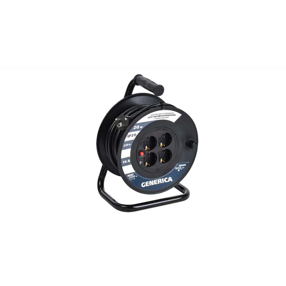Фото 2 Удлинитель на катушке Generica WKP20-16-04-20-G 4 розетки с заземлением 3x1.5 мм 20 м 2500 Вт цвет черный