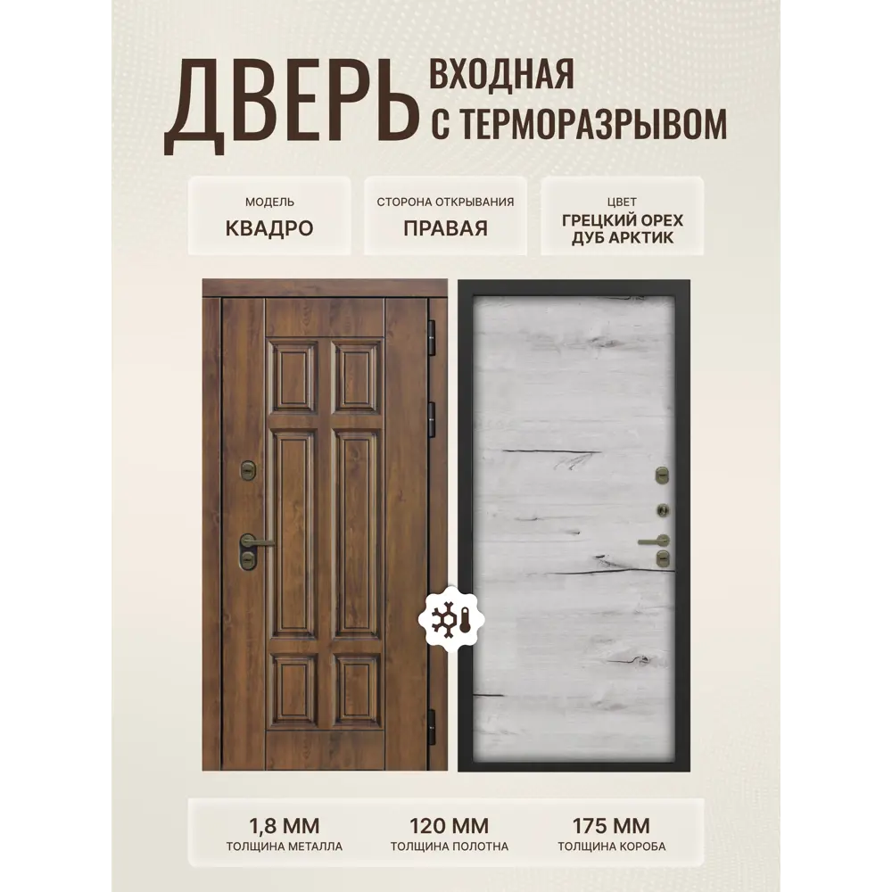 Фото Дверь входная Дверипро Термо правый 205x96см цвет дуб арктик/грецкий орех Фото Дверь входная Дверипро Термо правый 205x96см цвет дуб арктик/грецкий орех