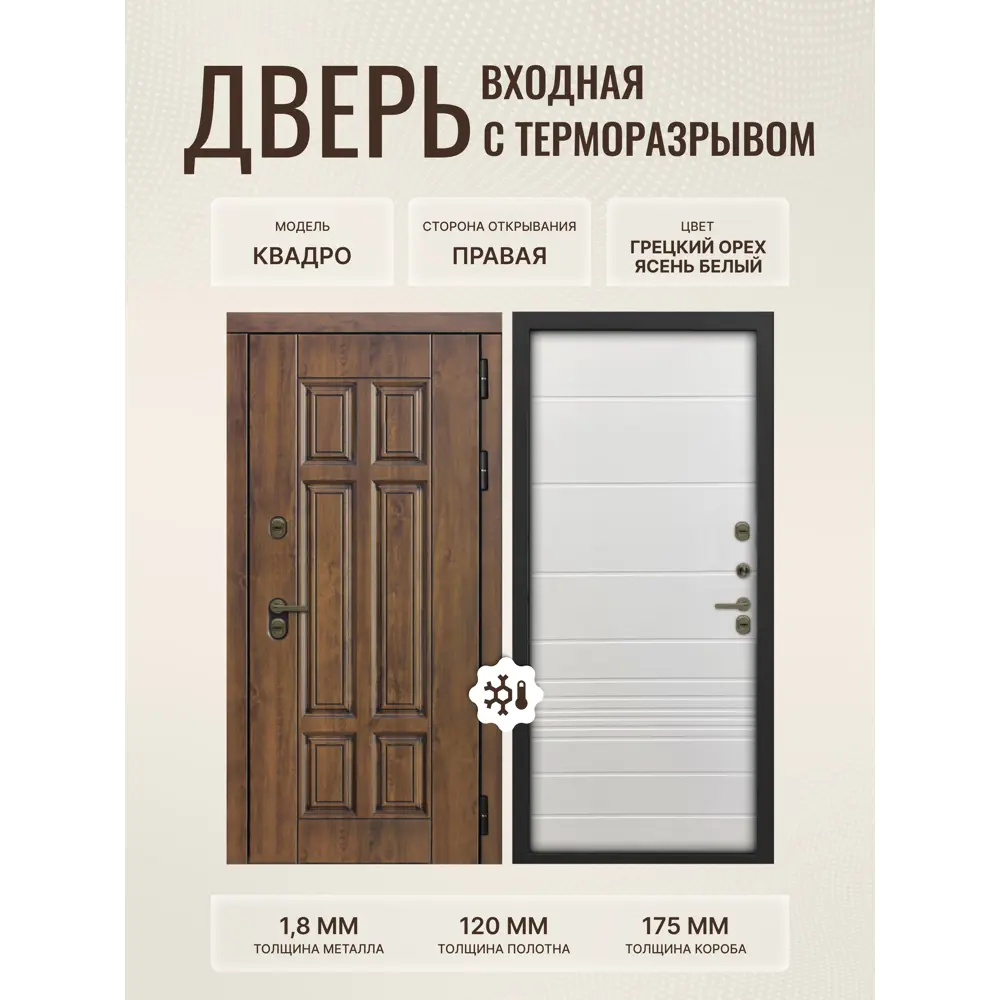 Фото Дверь входная Дверипро Термо правый 205x86см цвет ясень белый/грецкий орех Фото Дверь входная Дверипро Термо правый 205x86см цвет ясень белый/грецкий орех