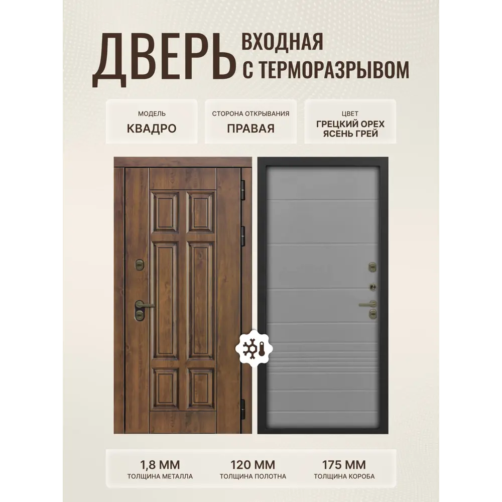 Фото Дверь входная Дверипро Термо правый 205x86см цвет ясень грей/грецкий орех Фото Дверь входная Дверипро Термо правый 205x86см цвет ясень грей/грецкий орех