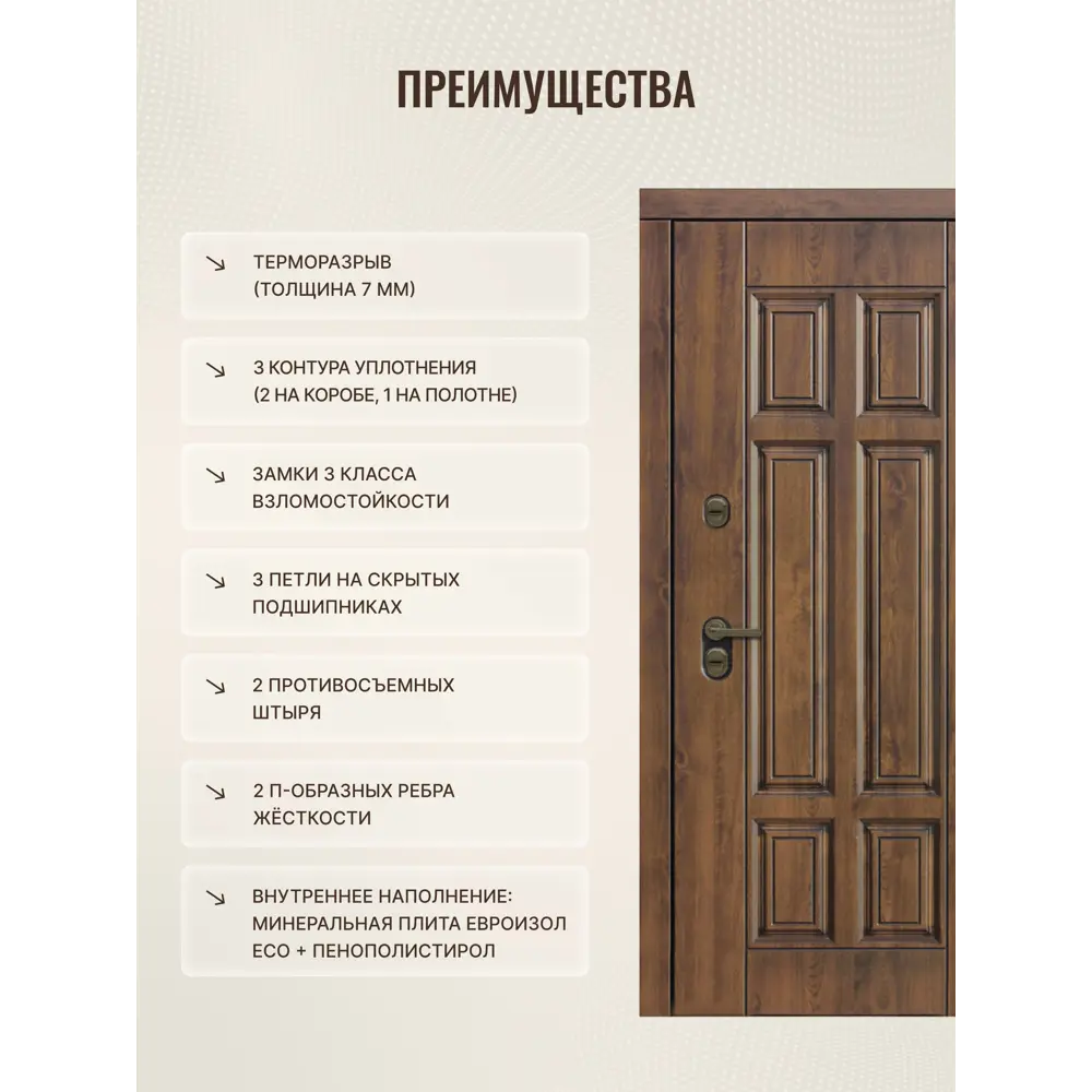 Фото 3 Дверь входная Дверипро Термо левый 205x86см цвет бьянко/грецкий орех Фото 3 Дверь входная Дверипро Термо левый 205x86см цвет бьянко/грецкий орех
