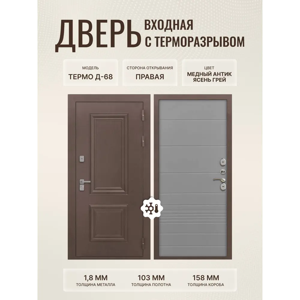 Фото Входная дверь Дверипро Термо Д-68 правый 205x96см цвет медный антик/ясень грей ФЛ-700 Фото Входная дверь Дверипро Термо Д-68 правый 205x96см цвет медный антик/ясень грей ФЛ-700