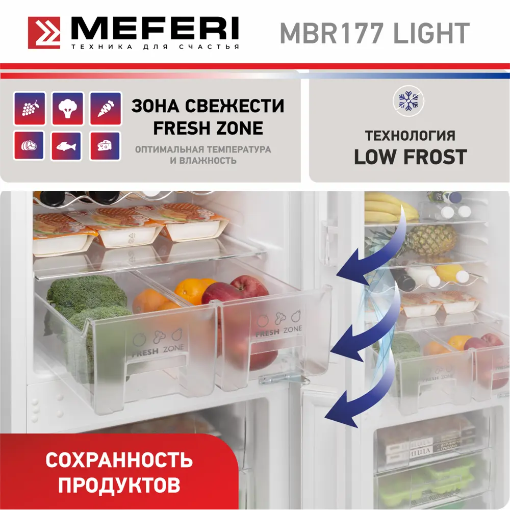 Фото 22 Встраиваемый холодильник Meferi MBR177 LOW FROST LIGHT 54x176.9 см цвет белый Фото 22 Встраиваемый холодильник Meferi MBR177 LOW FROST LIGHT 54x176.9 см цвет белый