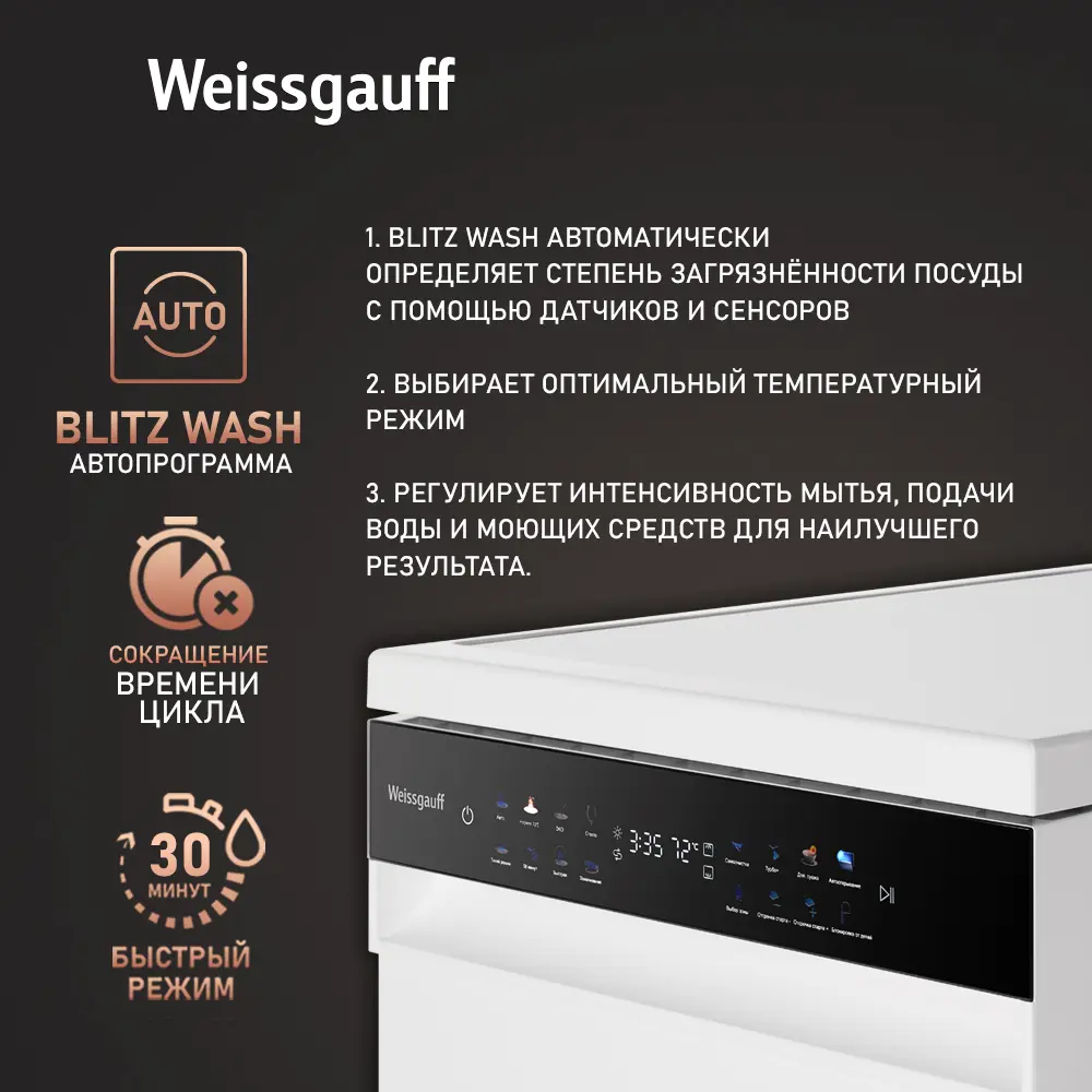 Фото 4 Отдельностоящая посудомоечная машина Weissgauff DW 4539 44.8 см 9 программ цвет белый Фото 4 Отдельностоящая посудомоечная машина Weissgauff DW 4539 44.8 см 9 программ цвет белый
