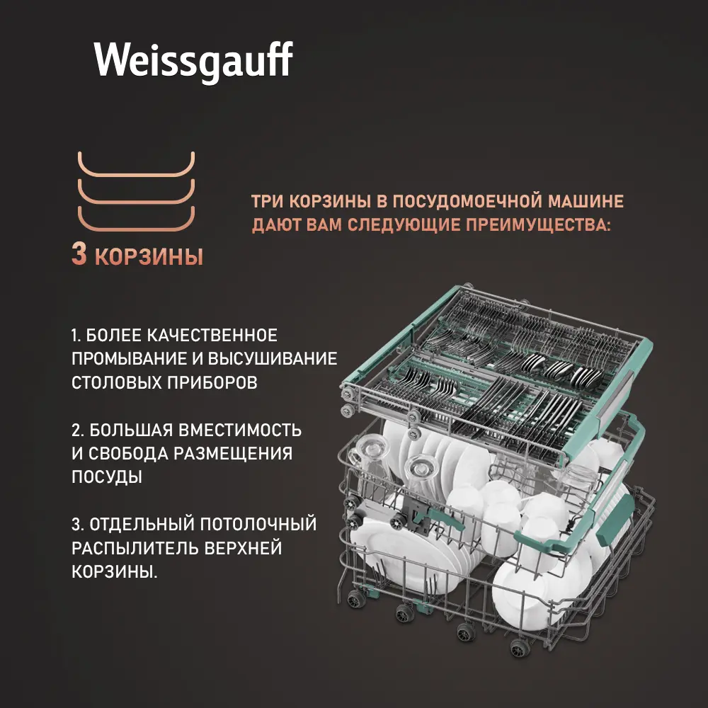 Фото 10 Встраиваемая посудомоечная машина Weissgauff BDW 6075 D Inverter AutoOpen Timer 59.8 см 7 программ цвет серый/серебристый Фото 10 Встраиваемая посудомоечная машина Weissgauff BDW 6075 D Inverter AutoOpen Timer 59.8 см 7 программ цвет серый/серебристый