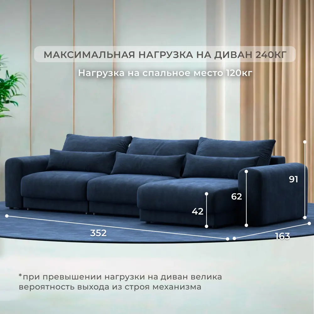 Фото 4 Диван раскладной Лига диванов 352x91x163 см шенилл цвет rimini 10 синий Фото 4 Диван раскладной Лига диванов 352x91x163 см шенилл цвет rimini 10 синий