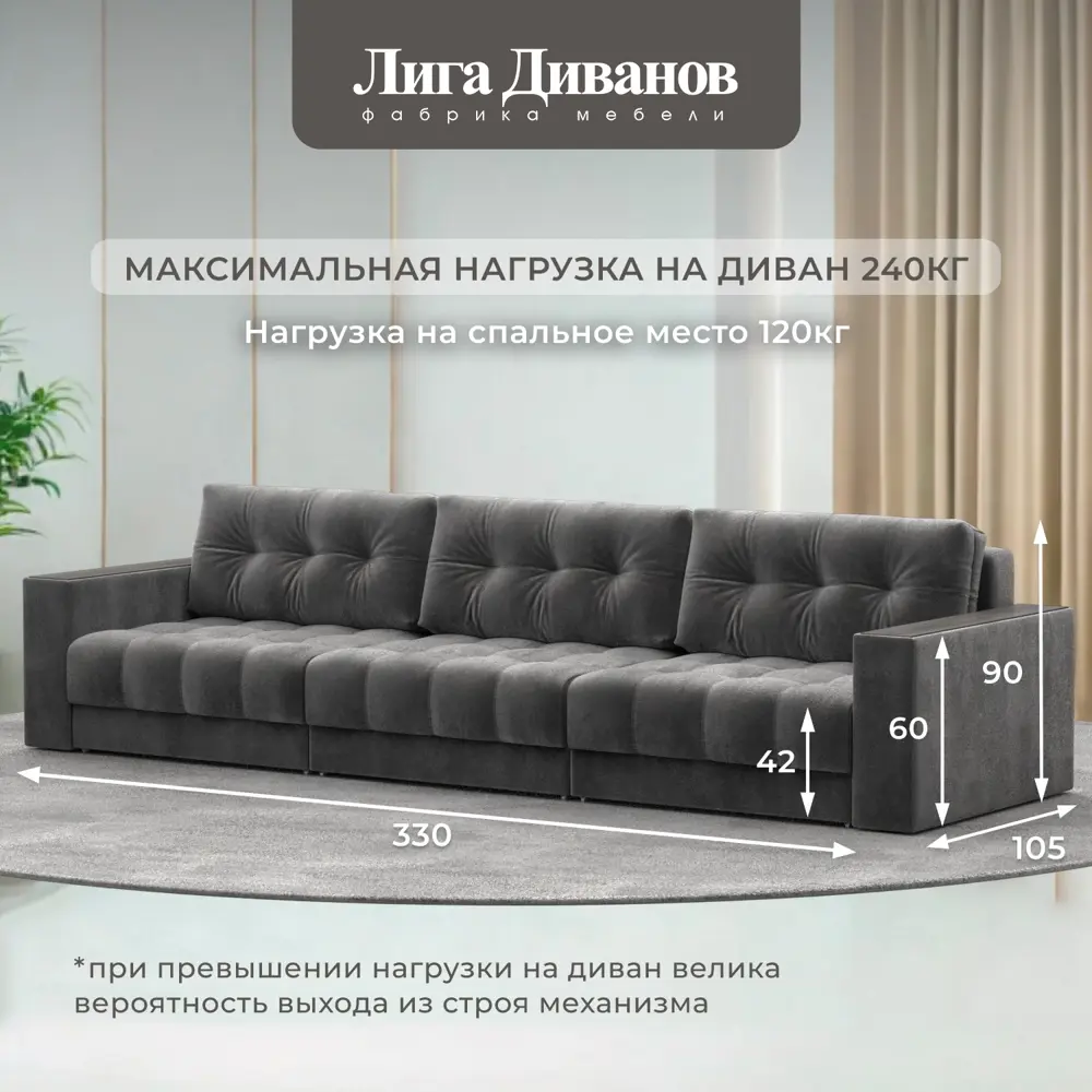 Фото 5 Диван раскладной Лига диванов 330x90x105 см велюр цвет tower 10 серый Фото 5 Диван раскладной Лига диванов 330x90x105 см велюр цвет tower 10 серый
