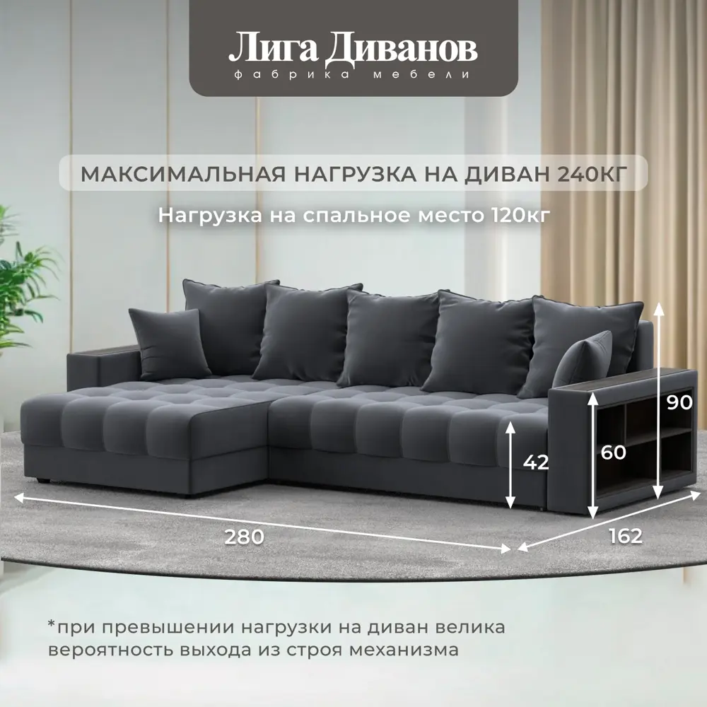 Фото 5 Диван угловой с декором и полкой Лига-050 НПБ Лига Диванов 128594_спб 280х162х90 велюр цвет seven 17 серый Фото 5 Диван угловой с декором и полкой Лига-050 НПБ Лига Диванов 128594_спб 280х162х90 велюр цвет seven 17 серый