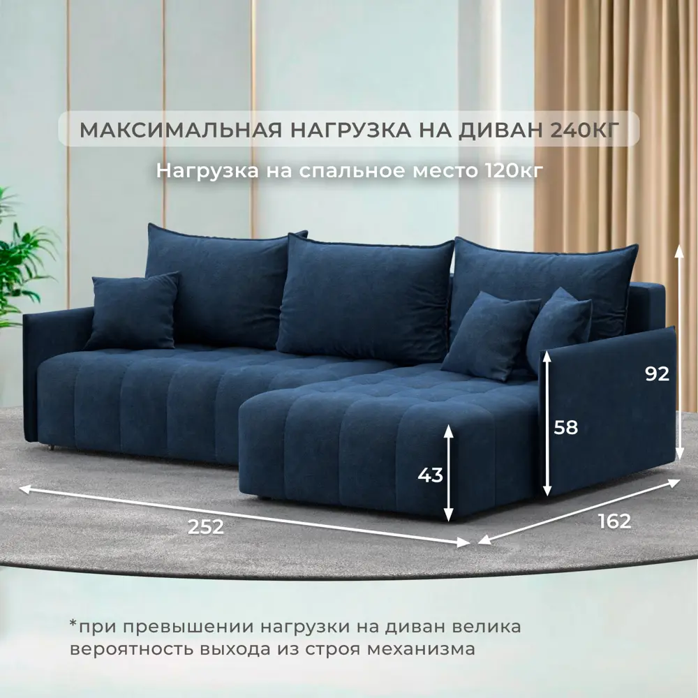Фото 4 Диван раскладной Лига диванов 252x92x162 см велюр цвет brut 11 синий Фото 4 Диван раскладной Лига диванов 252x92x162 см велюр цвет brut 11 синий