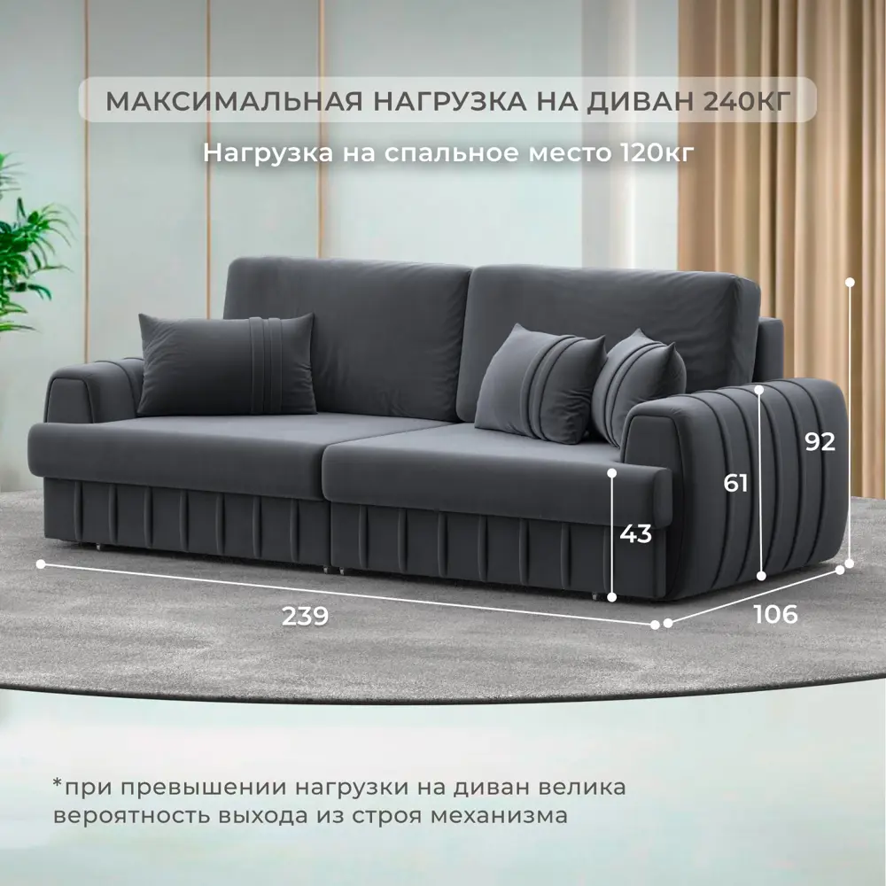 Фото 4 Диван прямой Лига-057 НПБ Лига Диванов 129213_спб 239х106х92 велюр цвет seven 17 серый Фото 4 Диван прямой Лига-057 НПБ Лига Диванов 129213_спб 239х106х92 велюр цвет seven 17 серый