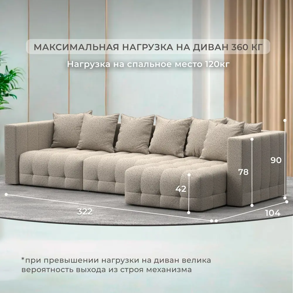 Фото 4 Диван раскладной Лига диванов 322x90x160 см велюр цвет ness 04 бежевый Фото 4 Диван раскладной Лига диванов 322x90x160 см велюр цвет ness 04 бежевый