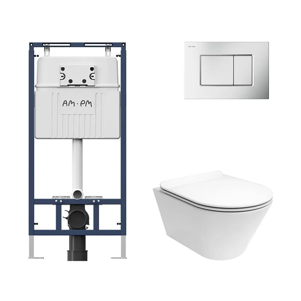 Фото Комплект инсталляции Am.pm MasterFit с унитаз подвесной Kerama Marazzi Plaza Modern Торнадо микролифт белый глянцевый с клавишей ProC S хром матовый Фото Комплект инсталляции Am.pm MasterFit с унитаз подвесной Kerama Marazzi Plaza Modern Торнадо микролифт белый глянцевый с клавишей ProC S хром матовый