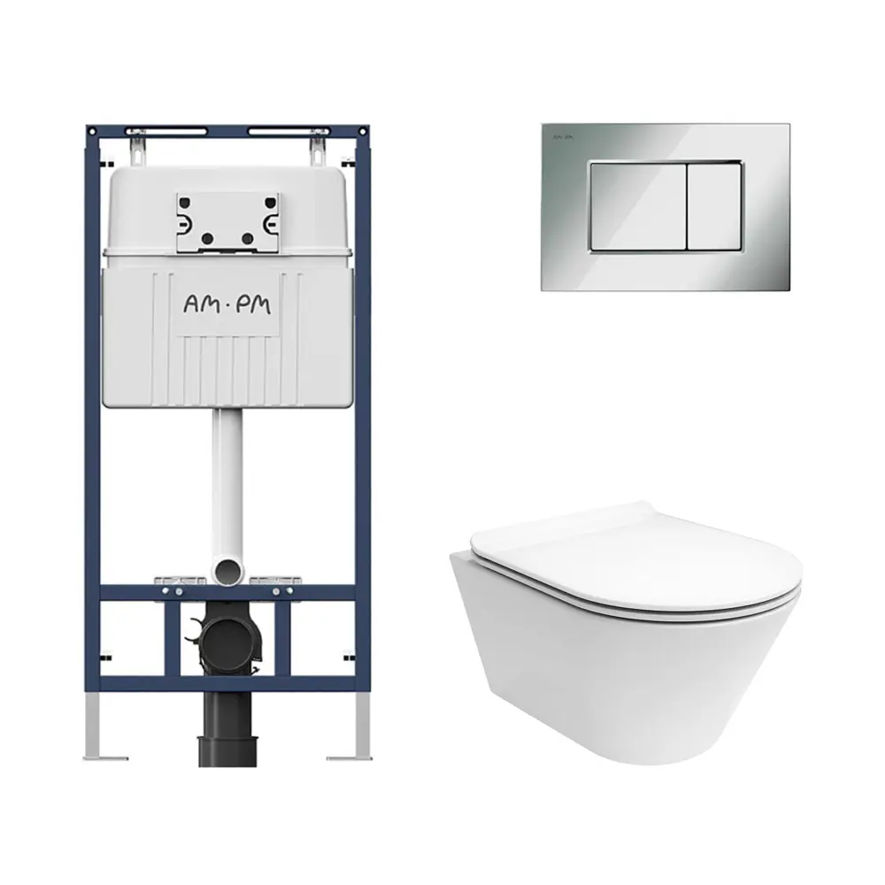 Фото Комплект инсталляции Am.pm MasterFit с унитаз подвесной Kerama Marazzi Plaza Modern Торнадо микролифт белый глянцевый с клавишей ProC S хром глянц Фото Комплект инсталляции Am.pm MasterFit с унитаз подвесной Kerama Marazzi Plaza Modern Торнадо микролифт белый глянцевый с клавишей ProC S хром глянц
