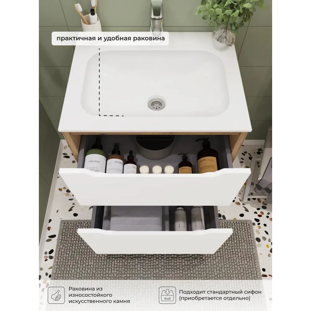 Фото 4 Тумба с раковиной в ванную Итана Nill 60 60.6x47.7x83.1 напольная белый глянец