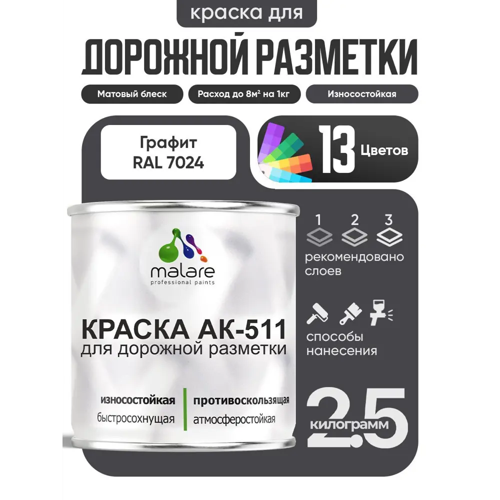 Фото Краска для дорожной разметки АК511 Malare S_дорожка_27 StrongCorr износостойкая быстросохнущая матовая цвет RAL 7024 графитовосерыйтемный 2.5 кг Фото Краска для дорожной разметки АК511 Malare S_дорожка_27 StrongCorr износостойкая быстросохнущая матовая цвет RAL 7024 графитовосерыйтемный 2.5 кг