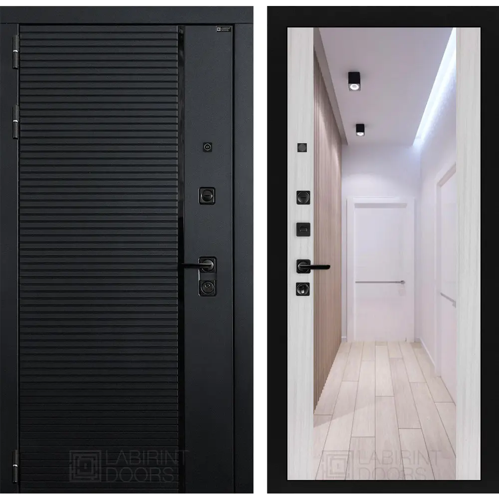 Фото Входная дверь Лабиринт Пиано левый 205x96см цвет черный кварц/сандал белый с зеркалом ФЛЗ-1