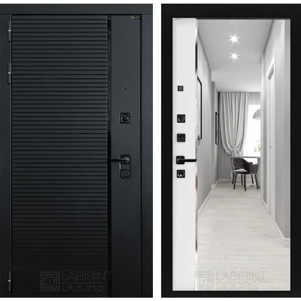 Фото Входная дверь Лабиринт Пиано левый 205x88см цвет черный кварц/белый софт с зеркалом Панорама