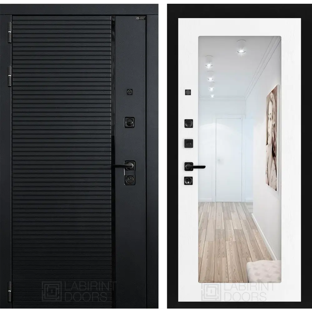 Фото Входная дверь Лабиринт Пиано левый 205x96см цвет черный кварц/белое дерево с зеркалом П18