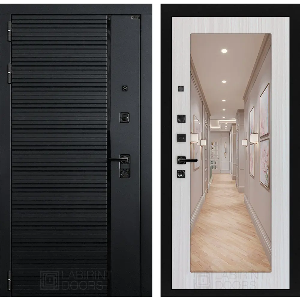 Фото Входная дверь Лабиринт Пиано левый 205x88см цвет черный кварц/сандал белый с зеркалом П18