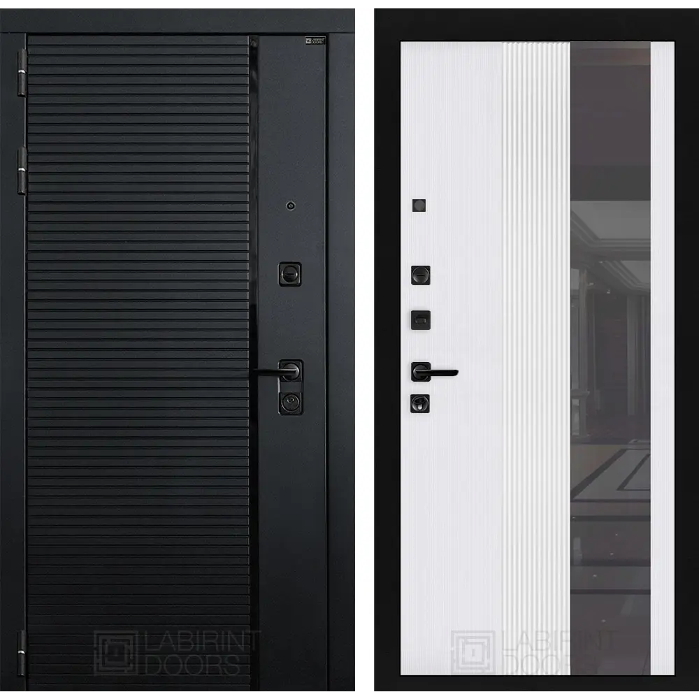 Фото Входная дверь Лабиринт Пиано левый 205x88см цвет черный кварц/белый софт рельеф с зеркалом П32
