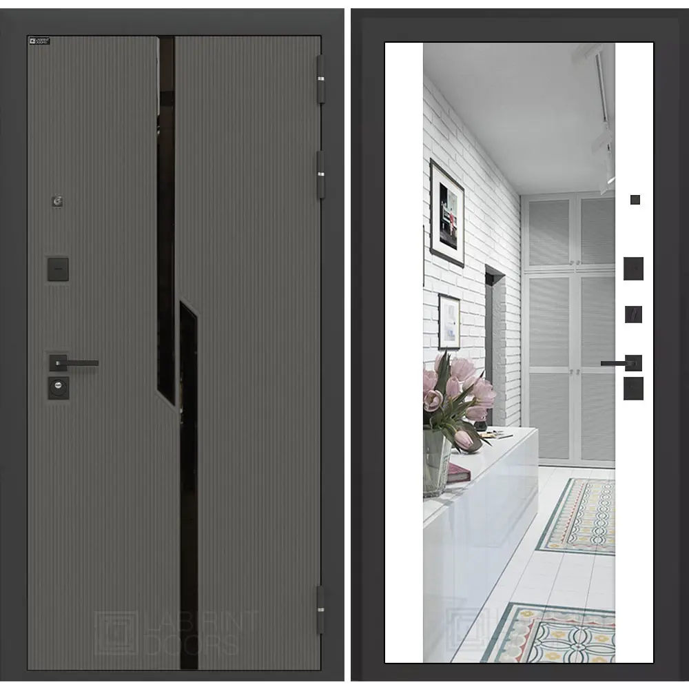 Фото Входная дверь Лабиринт Карбон правый 205x96см цвет лофт графит/белый софт с зеркалом ФЛЗ-1