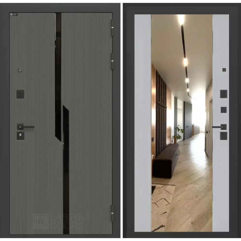 Фото Входная дверь Лабиринт Карбон правый 205x88см цвет лофт графит/серый рельеф софт с зеркалом ФЛЗ-1
