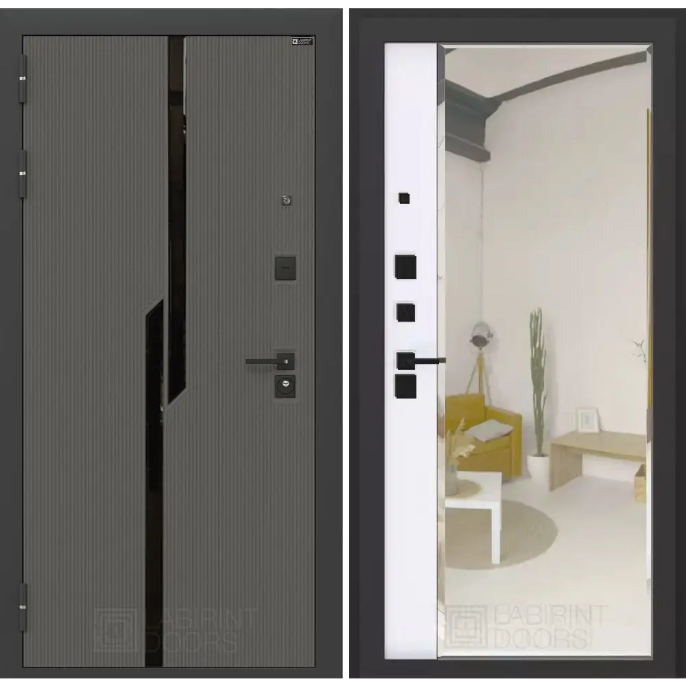 Фото Входная дверь Лабиринт Карбон левый 205x96см цвет лофт графит/белый софт с зеркалом Панорама
