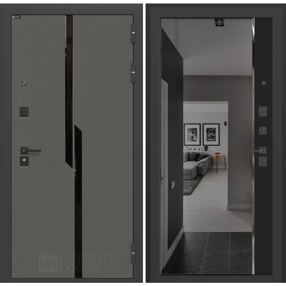 Фото Входная дверь Лабиринт Карбон правый 205x88см цвет лофт графит/черный кварц с зеркалом Панорама