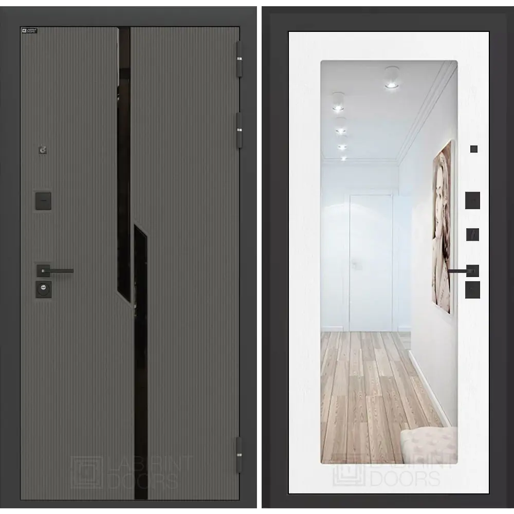 Фото Входная дверь Лабиринт Карбон правый 205x96см цвет лофт графит/белое дерево с зеркалом П18