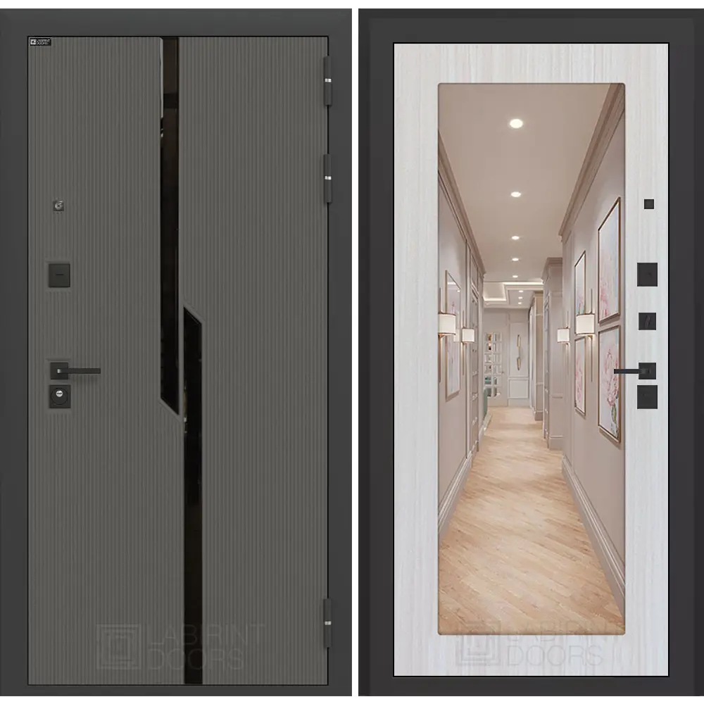 Фото Входная дверь Лабиринт Карбон правый 205x88см цвет лофт графит/сандал белый с зеркалом П18