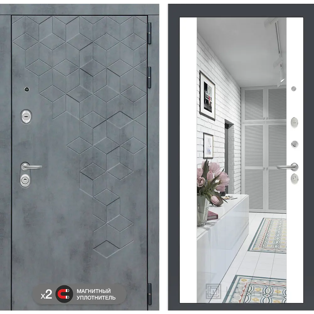 Фото Входная дверь Лабиринт Бетон правый 205x88см цвет бетон темный/белый софт с зеркалом ФЛЗ-1