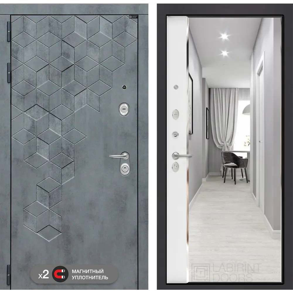 Фото Входная дверь Лабиринт Бетон левый 205x96см цвет бетон темный/белый софт с зеркалом Панорама