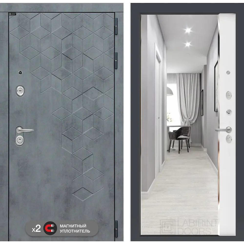 Фото Входная дверь Лабиринт Бетон правый 205x96см цвет бетон темный/белый софт с зеркалом Панорама