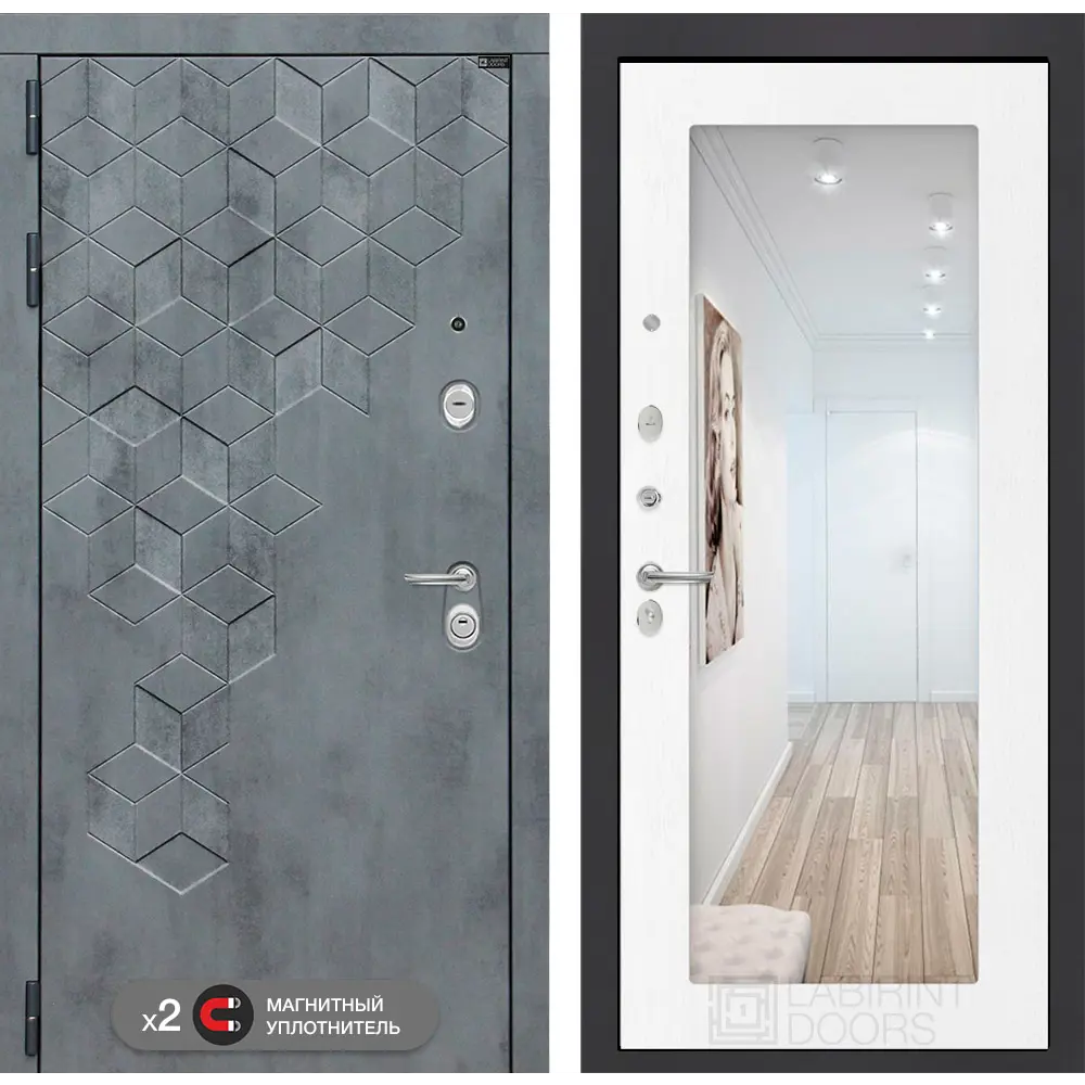 Фото Входная дверь Лабиринт Бетон левый 205x88см цвет бетон темный/белое дерево с зеркалом П18 Фото Входная дверь Лабиринт Бетон левый 205x88см цвет бетон темный/белое дерево с зеркалом П18
