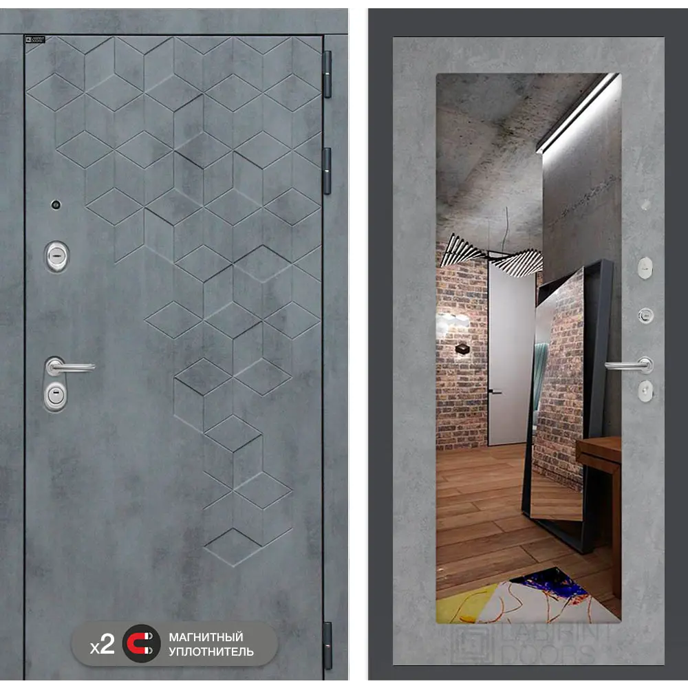 Фото Входная дверь Лабиринт Бетон правый 205x88см цвет бетон темный/бетон светлый с зеркалом П18 Фото Входная дверь Лабиринт Бетон правый 205x88см цвет бетон темный/бетон светлый с зеркалом П18