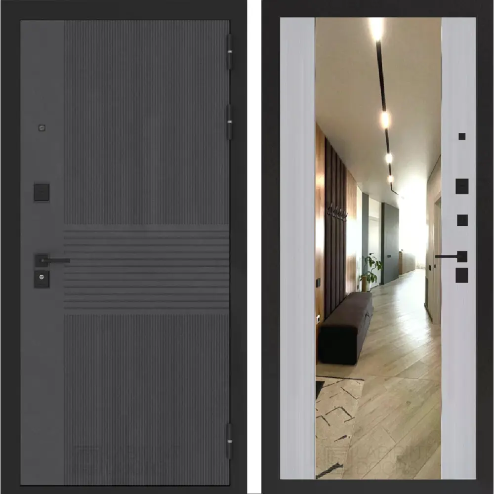 Фото Входная дверь Лабиринт Бункер 05 правый 205x96см цвет лофт графит/серый софт рельеф с зеркалом ФЛЗ-1