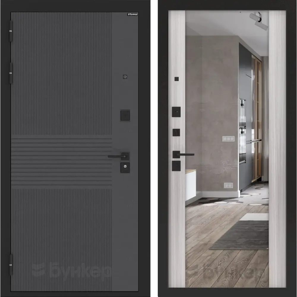 Фото Входная дверь Лабиринт Бункер 05 левый 205x88см цвет лофт графит/сандал белый с зеркалом ФЛЗ-1