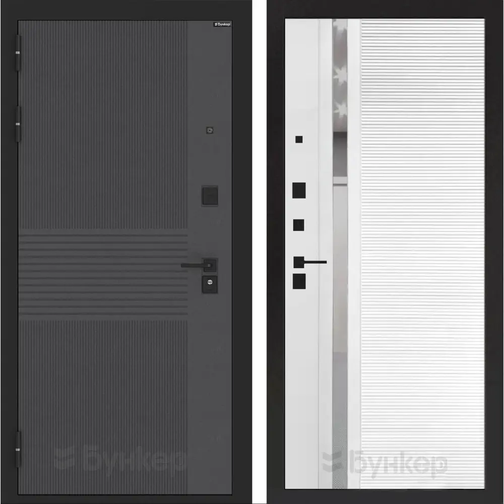 Фото Входная дверь Лабиринт Бункер 05 левый 205x96см цвет лофт графит/белый софт с зеркалом П31