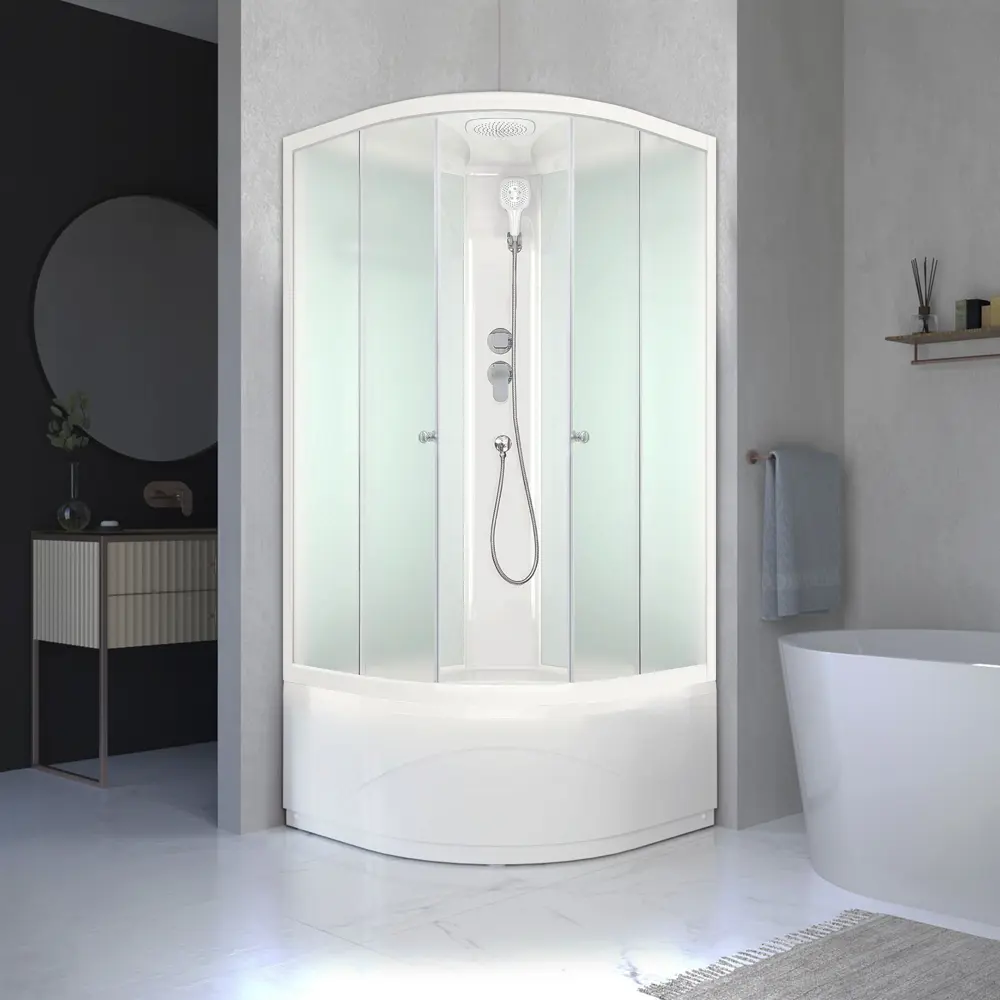 Фото Душевая кабина Domani-Spa Delight Slim 99 high 90x90x218 см высокий поддон, белые стенки, матовое стекло Фото Душевая кабина Domani-Spa Delight Slim 99 high 90x90x218 см высокий поддон, белые стенки, матовое стекло