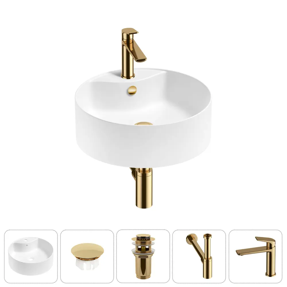 Фото Раковина Wellsee praxis 20217090R 46см цвет раковина 5 в 1: заглушка на перелив, д/к, сифон, смеситель