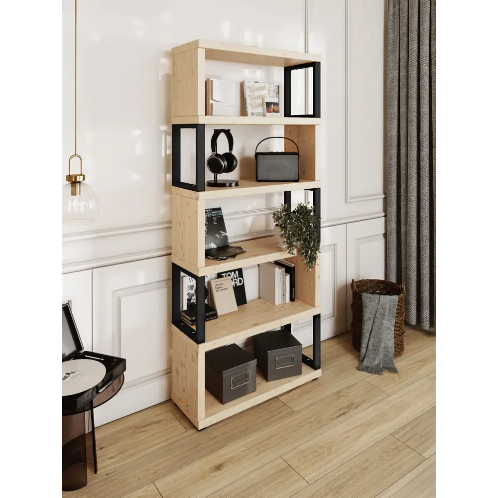 Фото 3 Стеллаж Solarius Loft Гранд 6 полок 100x186x30 см сталь и дерево цвет черный/натуральный Фото 3 Стеллаж Solarius Loft Гранд 6 полок 100x186x30 см сталь и дерево цвет черный/натуральный